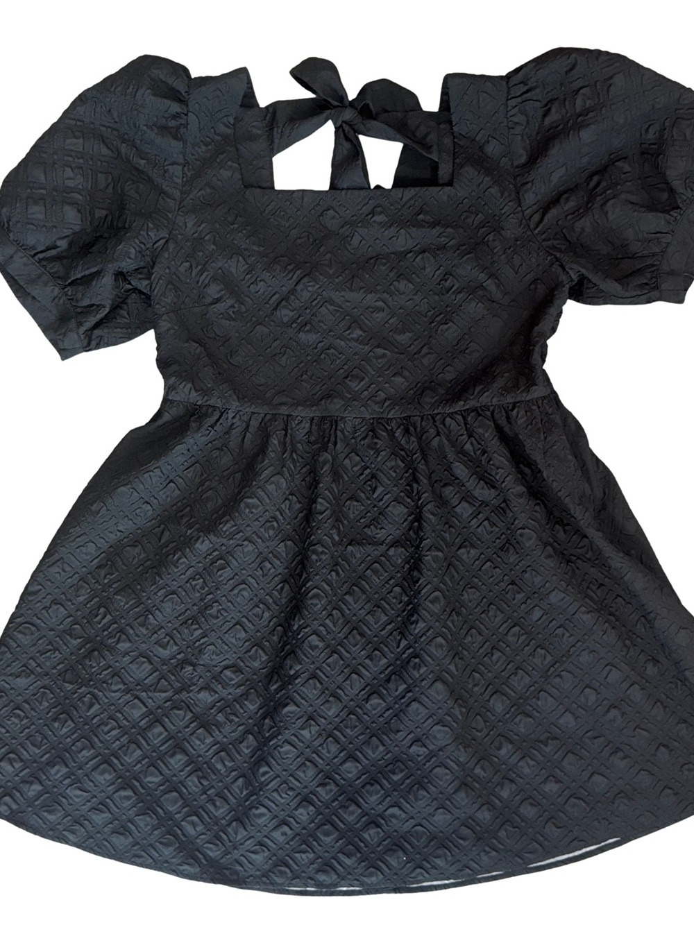 BiBi Black Textured Puff-Sleeve Mini Dress with Back Tie